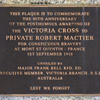 The plaque commemorating the 80th anniversary of the award of Mactier's Victoria Cross