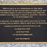 The plaque commemorating the 100th anniversary of the award of Mactier's Victoria Cross