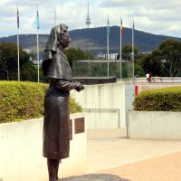 Vivian Bullwinkel Statue with Canberra's Black Mountain Tower in the background