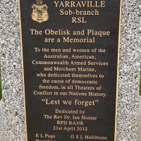 Yarraville RSL Sub-Branch Memorial Obelisk Dedication Plaque