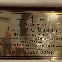Lieutenant P. C. Vassy, AIF Memorial Plaque Located in Christ Church St Kilda, Victoria