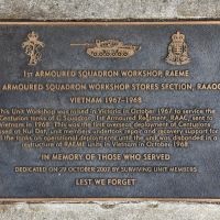 The plaque commemorating the 1st Armoured Squadron Workshop RAEME and 1st Armoured Squadron Workshop Stores Section RAAOC