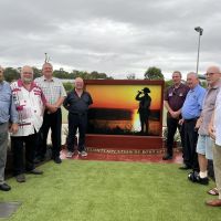 Committee at the unveiling. L-R Graham Hunt, Graham Henry, Paul Barker, Graeme Wright, Ken Burns, Jim Martin, Michael Roberts, Special guest Tom Page RAN Ret.