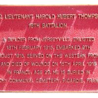 Lieutenant Thompson 18th Battalion, Memorial Plaque