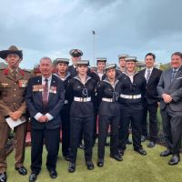 L-R Brigadier William Date,  Jim Martin, memorial chairman, Cadets from HMAS Krait, Lieutenent Steven Price (at rear), Cr. George Seymour, Fraser Coast Regional Council Mayor,  Hon. David Lee, member for Hervey Bay. 