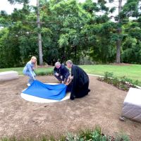 The Official Unveiling of the centrepiece of The National Defence Chaplains' Memorial Grove in Toowong's Anzac Park, From left is Mr. Darby Ashton CGMM, Councillor Penny Wolff (Walter Taylor Ward, Brisbane City Council), Mr. Peter Collins CGMM (Canon Garland Memorial. convenor) and Chair of the Australian Defence Chaplains' Committee, PRINCHAP the Reverend Kerry Larwill CSC (Australian Army).
