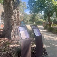 The two information panels within the park, with the Murray River in the background